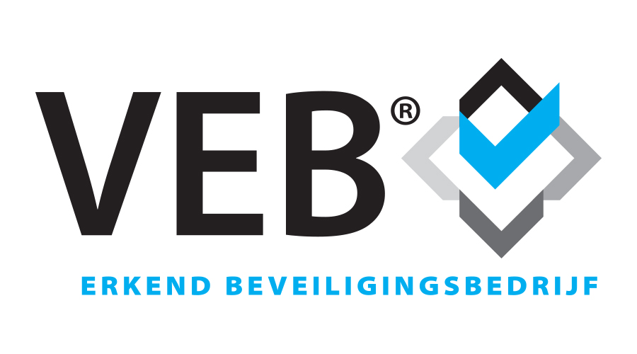 Logo van het VEB-certificaat bestaande uit de letters VEB in zwarte kapitalen en daaronder in klein blauw kapitaal de tekst 'erkend beveiligingsbedrijf'